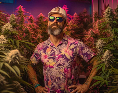 guy in bright coloured shirt standing with cannabis plants