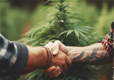 shaking hands with cannabis plant in background