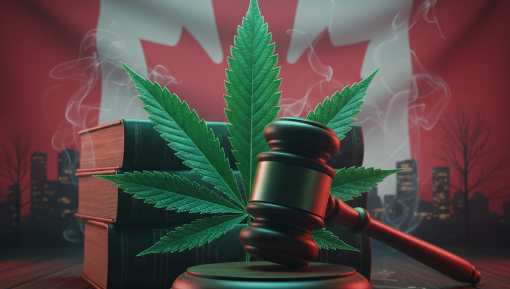canadian flag with cannabis leaf and gavel