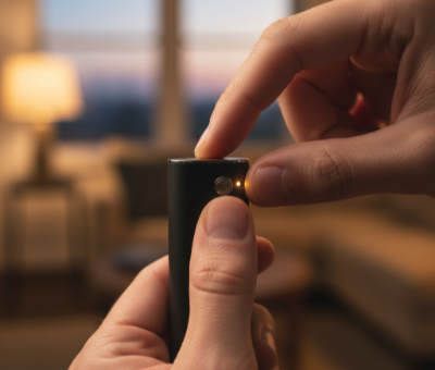 Person activating the preheat function on a vape battery