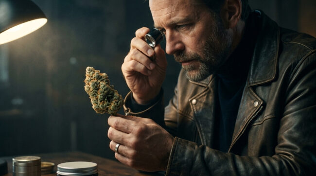 man examining cannabis man examining cannabis