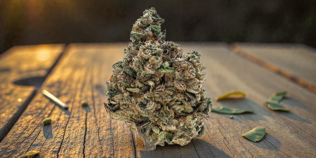 Cannabis bud on a wooden table