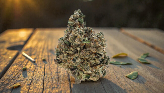 Cannabis bud on a wooden table