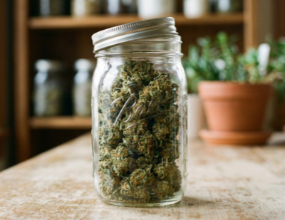 cannabis buds in a glass jar