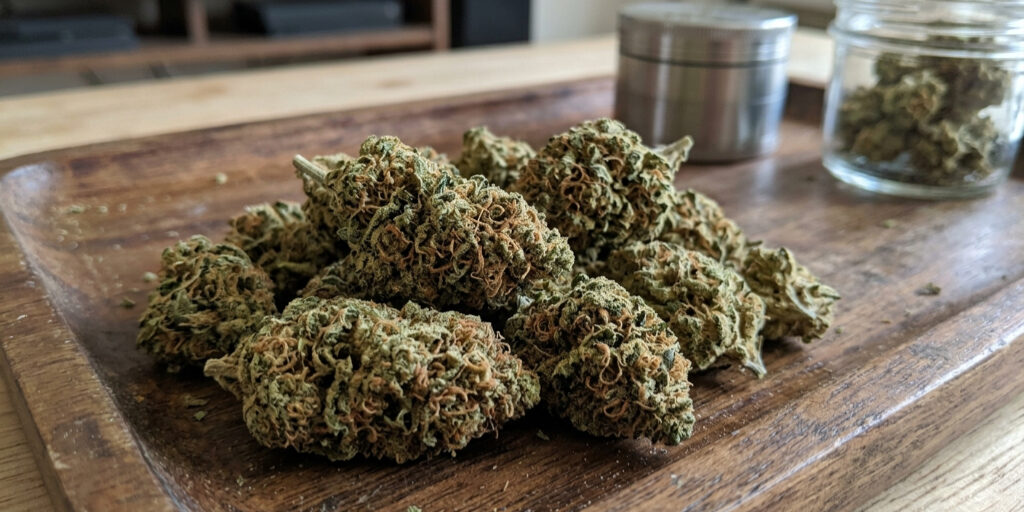 cannabis buds on a table