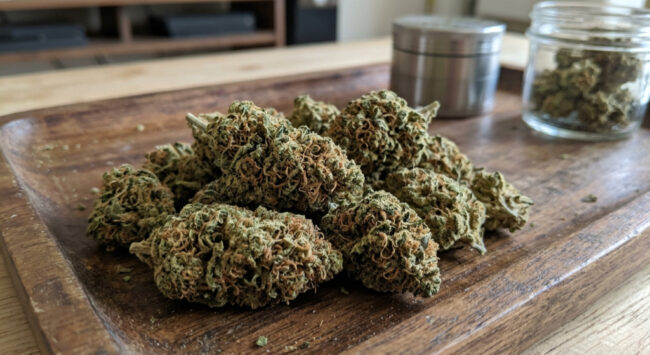 cannabis buds on a table