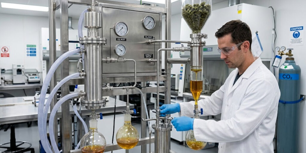 worker performing CO2 cannabis extraction