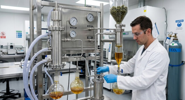 worker performing CO2 cannabis extraction worker performing CO2 cannabis extraction