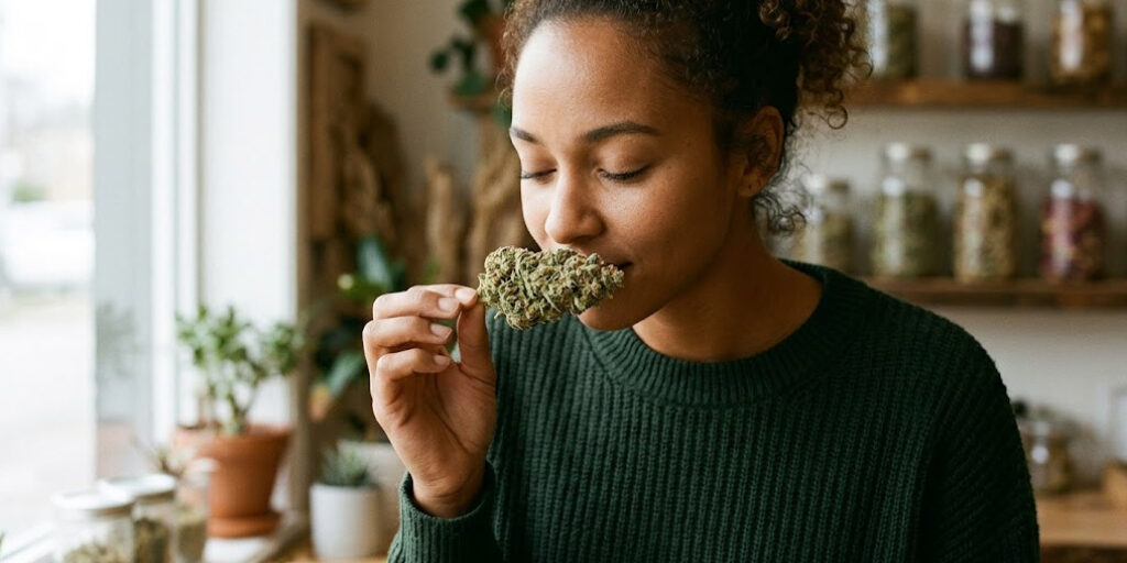 woman smelling a cannabis bud woman smelling a cannabis bud