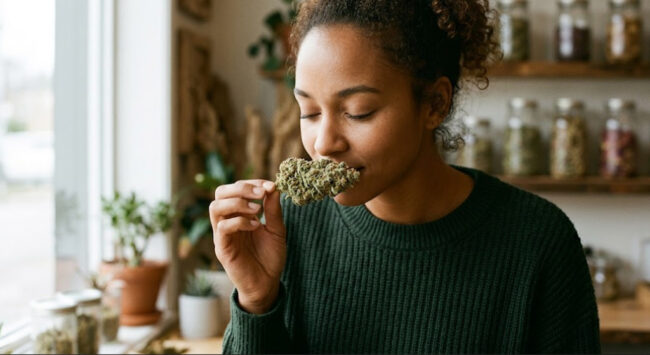 woman smelling a cannabis bud